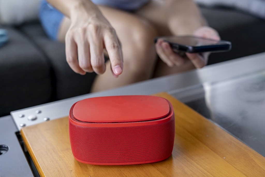 woman using a smart speaker with smart phone at home